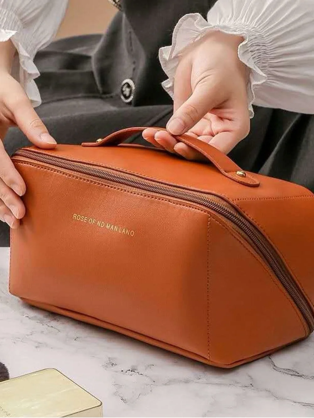 Cream Top-Handle Cosmetic Bag